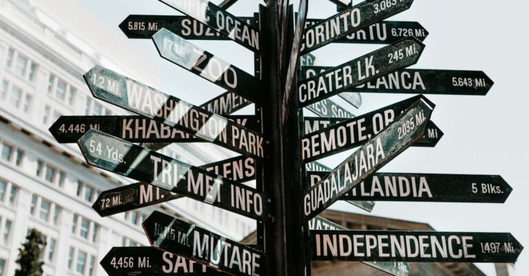 A signpost covered in direction arrows pointing to many different cities