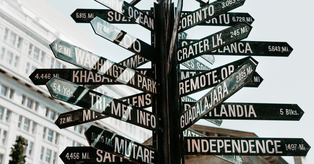 A signpost covered in direction arrows pointing to many different cities