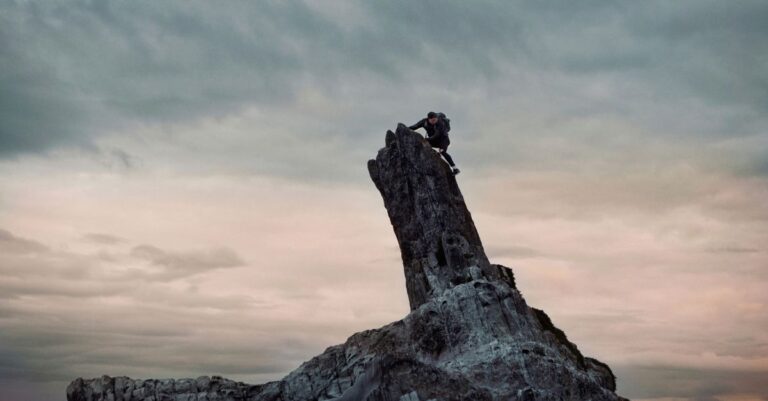 A weathered tree stump silhouetted against a dusk sky