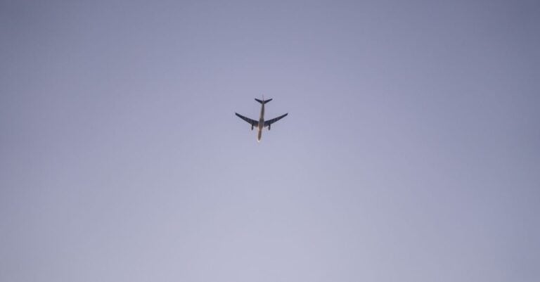 A distant aeroplane flying across a clear pale sky