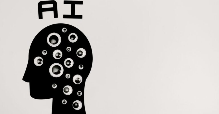 An illustration of a head in profile filled with many eyes, under the letters A I