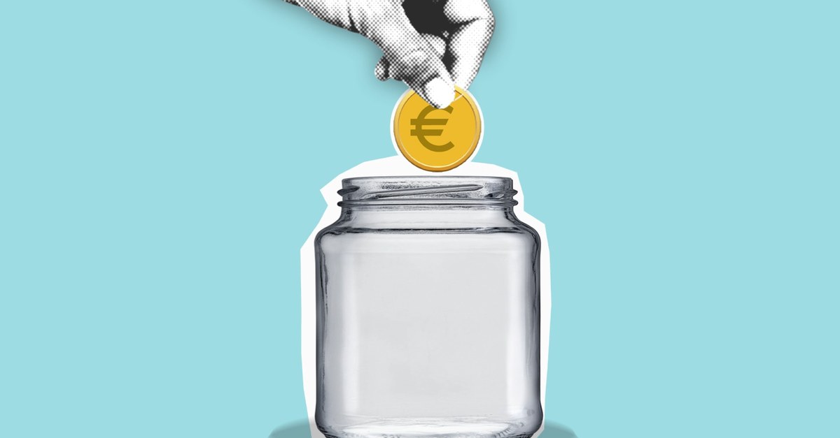 Decorative cardboard appliques of hand with euro coin above jar representing money saving process on blue background