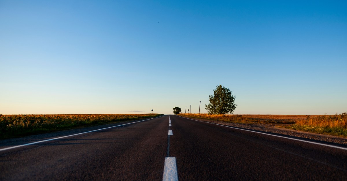 An empty two-lane highway running toward the horizon at sunrise with a lone tree beside it