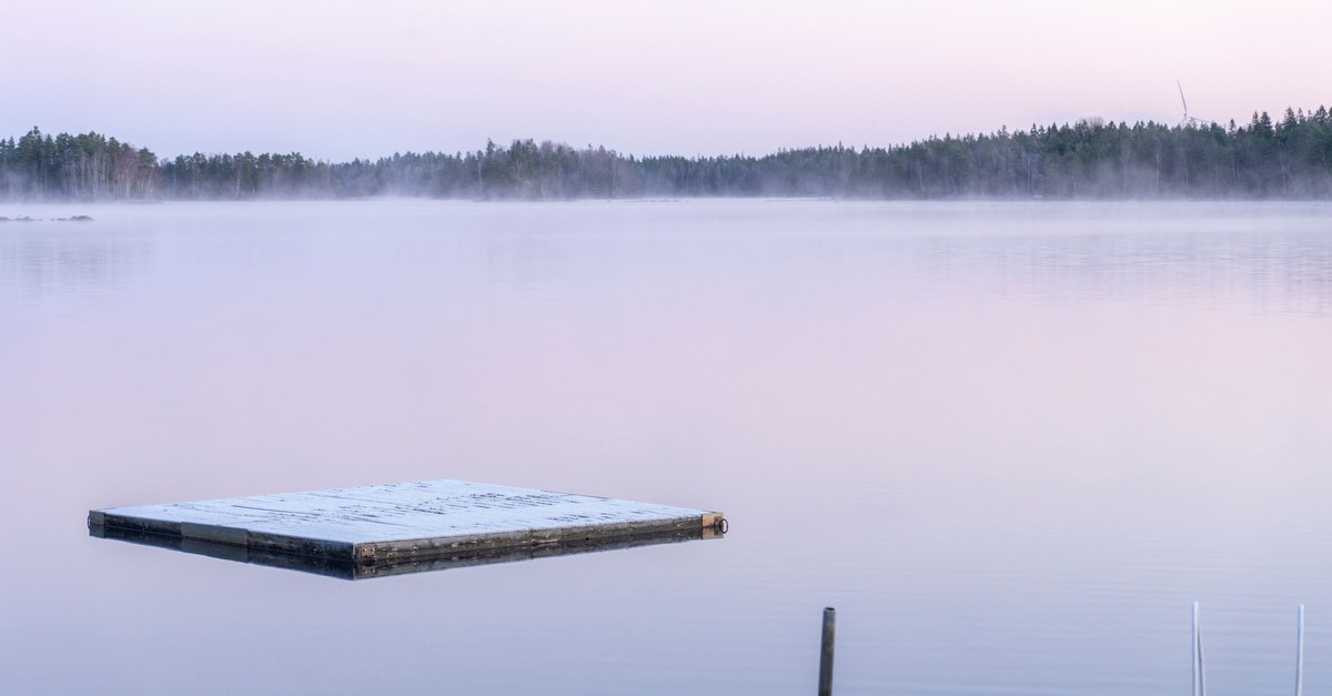 A wooden swim platform floating on a misty lake at dawn with a treeline in the distance